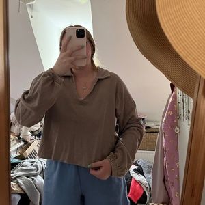 Long Sleeve Crop Top w/ Collar - Light Mauve